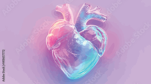 A digitally rendered 3D model of a human heart is presented against a pale lilac background.  The heart is depicted with a translucent, almost glass-like quality. It is illuminated from within with
