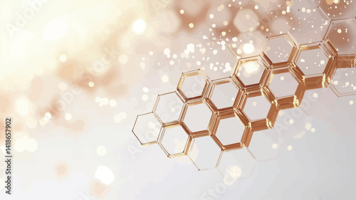 The image presents a stylized abstract representation of a honeycomb structure.  Hexagonal shapes, rendered in a metallic gold tone with a subtle three-dimensional effect, are interconnected