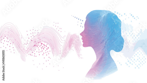 The image showcases a stylized female silhouette in profile view, rendered in soft pastel hues of pink and blue. The silhouette is translucent, giving a sense of ethereal lightness