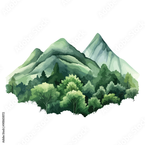 watercolor A mountain range covered in lush green forest