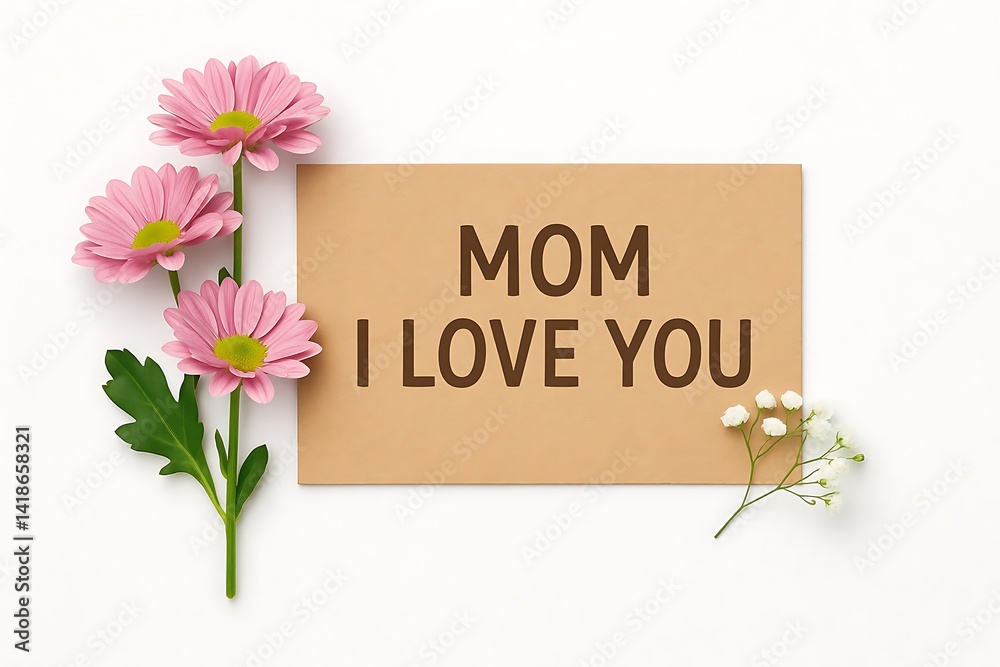 A lovely Mother's Day card displaying a heartfelt message with beautiful pink flowers on a white surface. A lovely Mother's Day card displaying a heartfelt message with beautiful pink flowers on a white surface.