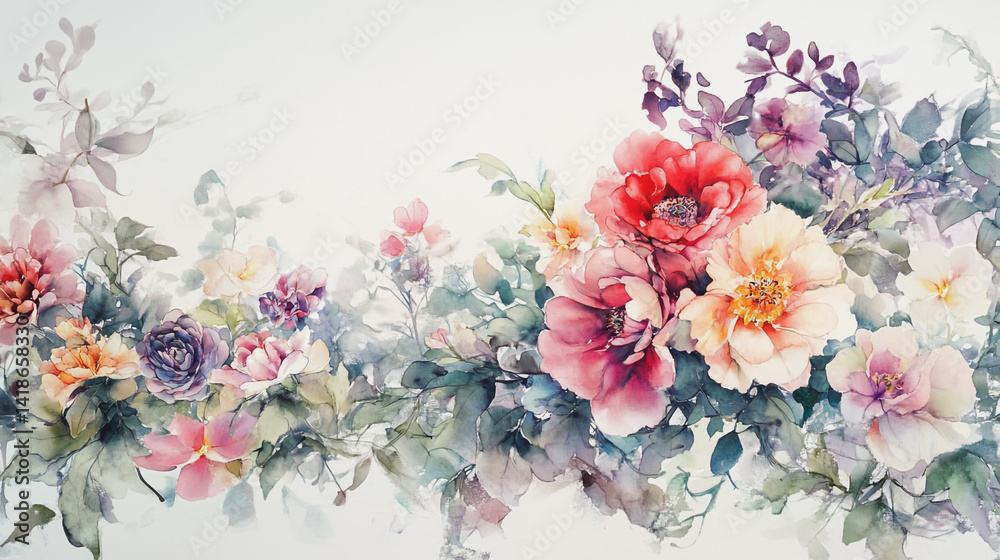 Fototapeta premium Elegant wedding invitation card background . Minimal hand painted watercolor botanical flowers texture template background. Design for wedding, vip cover, poster, rsvp moderncard.Valentine's Day
