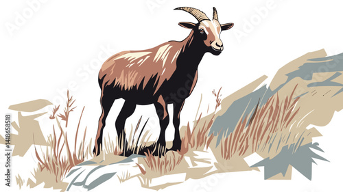 This vector illustration showcases a mountain goat standing on a rocky hillside, rendered in a stylized manner. The goat's coat is depicted with a blend of brown and black hues