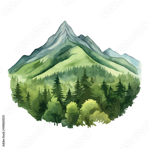 watercolor A mountain range covered in lush green forest
