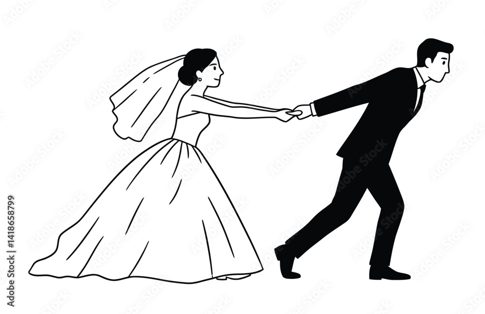 Fototapeta premium Bride dragging groom silhouette. This image shows a humorous depiction of a bride in a wedding dress pulling a groom in a tuxedo by the hand. Vector clipart illustration design.