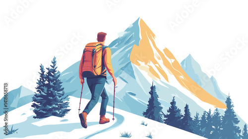 This vector illustration showcases a stylized depiction of a lone hiker, viewed from behind, ascending a snow-dusted mountain trail.  The hiker is outfitted with a large backpack and trekking