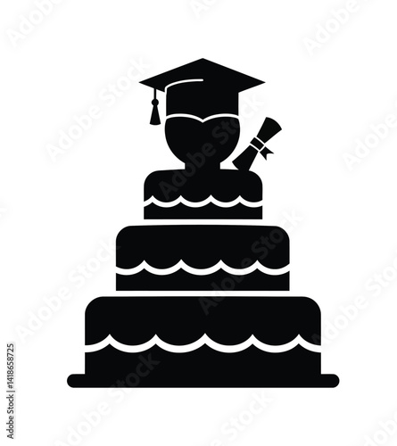 Graduation silhouette cake. This image shows a tiered cake topped with a graduation cap and diploma, symbolizing academic achievement and celebration. Vector clipart illustration design.