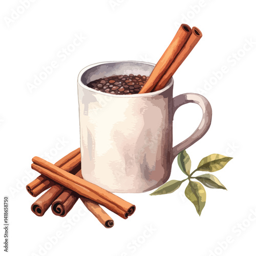 watercolor A mug of cocoa with a cinnamon stick illustration