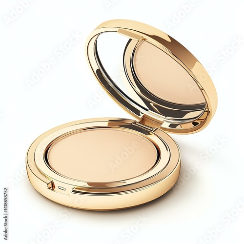 Beauty editorial mockup, Gold compact powder case with mirror, luxury gold compact powder case on white background, minimal gold compact powder case for beauty product photography