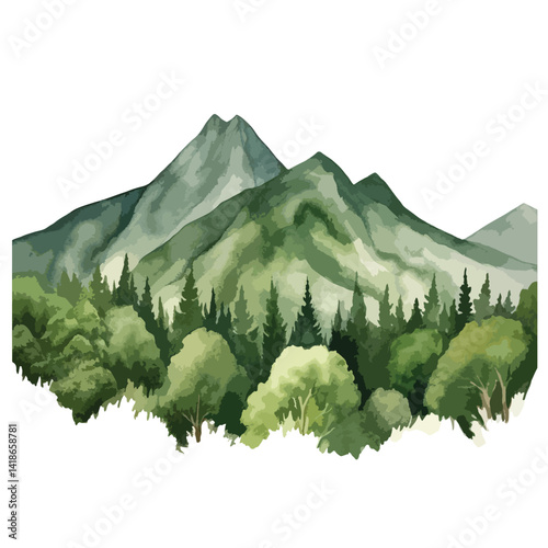 watercolor A mountain range covered in lush green forest
