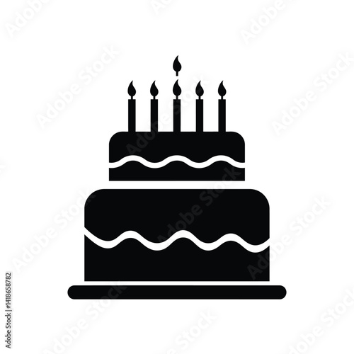 Birthday cake silhouette. This image shows a tiered birthday cake silhouette with candles and detailed frosting patterns, representing celebration and festivity. Vector clipart illustration design.
