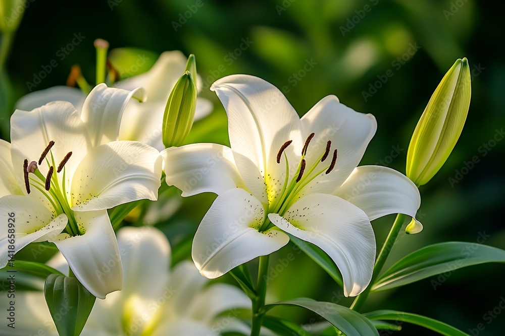 Beautiful White Lilies in Full Bloom Surrounded by Lush Greenery in a Garden : Generative AI