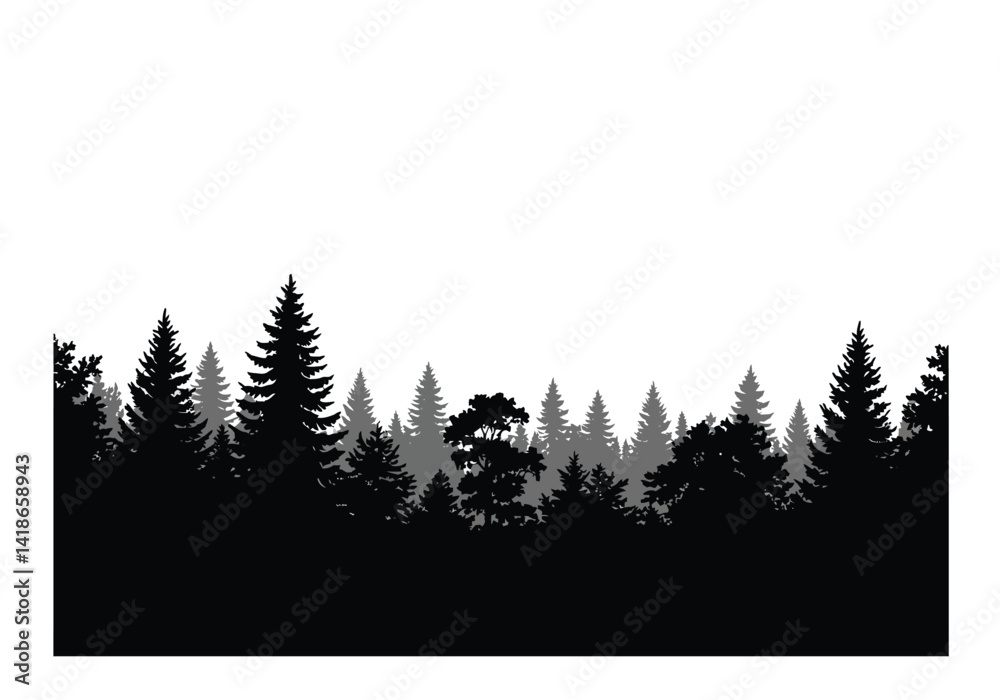Obraz premium Forest skyline silhouette. A serene forest skyline image in silhouette form, featuring evergreen trees like pine, fir, and spruce in black and white contrast. Vector clipart illustration design.