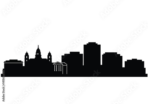 Madison skyline silhouette. This image shows the skyline of Madison, Wisconsin, featuring notable buildings and landmarks in black and white. Vector clipart illustration design.