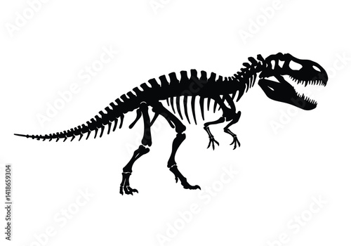 Dinosaur fossil silhouette. This image shows a black silhouette of a dinosaur skeleton, specifically a T-Rex, highlighting its bones and structure. Vector clipart illustration design.