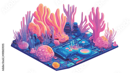 Isometric digital illustration depicting a stylized coral reef scene.  The artwork features a vibrant color palette dominated by neon pink, orange, and purple hues, suggesting bioluminescence
