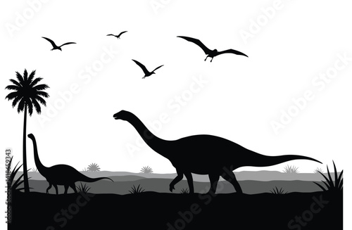 Dinosaur scene silhouette. This image shows a prehistoric landscape featuring brontosaurus dinosaurs and flying pterodactyls in black silhouette style. Vector clipart illustration design.