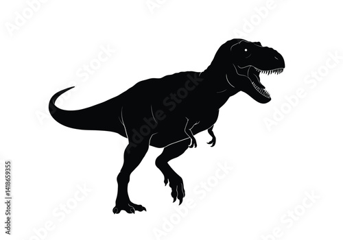 Dinosaur silhouette. This image shows a black silhouette of a T-Rex, also known as Tyrannosaurus rex, with its mouth open and teeth visible. Vector clipart illustration design.
