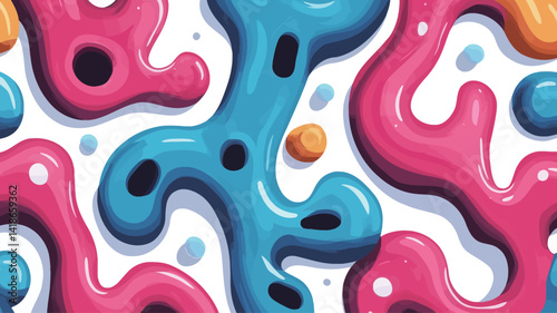 High-resolution digital illustration featuring a seamless pattern of stylized, amorphous blob shapes in shades of pink, blue, and orange. The blobs exhibit a glossy, almost viscous