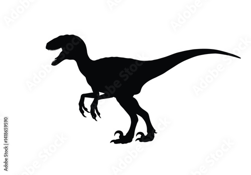 Velociraptor silhouette. This image shows a black silhouette of a Velociraptor, a small, agile predator dinosaur from the prehistoric era. Vector clipart illustration design.