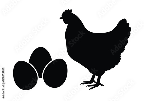 Chicken and egg silhouette. This image shows a black silhouette of a chicken standing next to eggs, representing poultry and egg farming. Vector clipart illustration design.