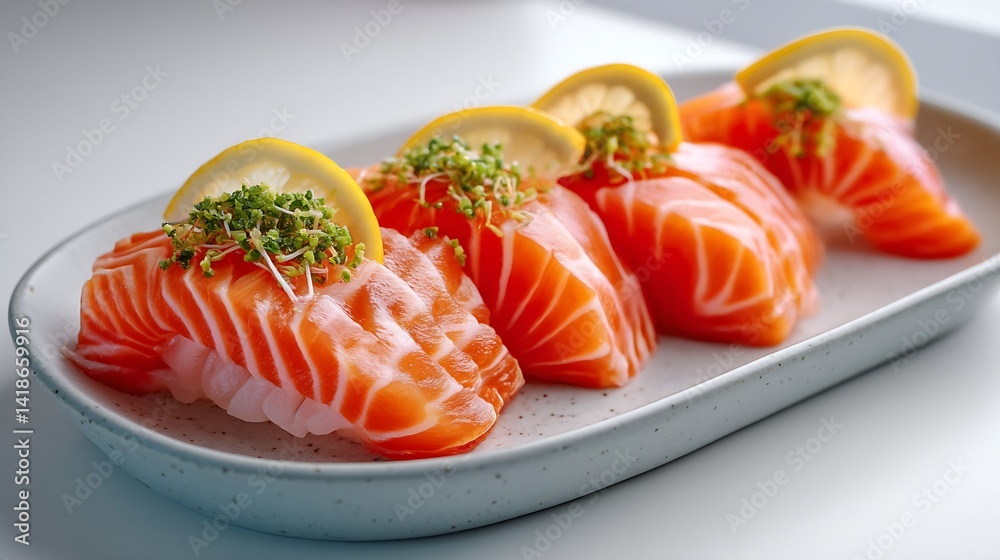 Deliciously Prepared Slices of Salmon Sushi Garnished with Fresh Lemon and Green Herbs : Generative AI Deliciously Prepared Slices of Salmon Sushi Garnished with Fresh Lemon and Green Herbs : Generative AI