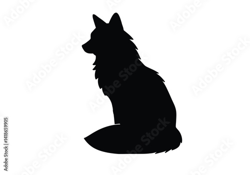 Sitting fox silhouette. This image shows a black silhouette of a fox in a sitting posture, highlighting its bushy tail, pointed ears, and elegant profile. Vector clipart illustration design.