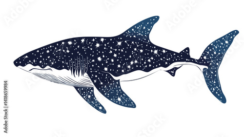This digital illustration depicts a stylized great white shark, its body overlaid with a pattern resembling a night sky filled with stars. The shark is rendered in shades of deep blue and white
