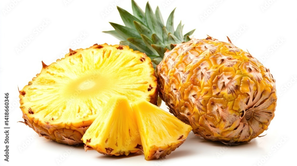 Fresh pineapple slices and whole fruit on a white background. Fresh pineapple slices and whole fruit on a white background.