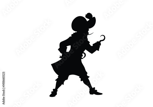 Captain hook silhouette. This image shows the silhouette of Captain Hook, a famous character with a hooked hand, symbolizing adventure and fantasy. Vector clipart illustration design.