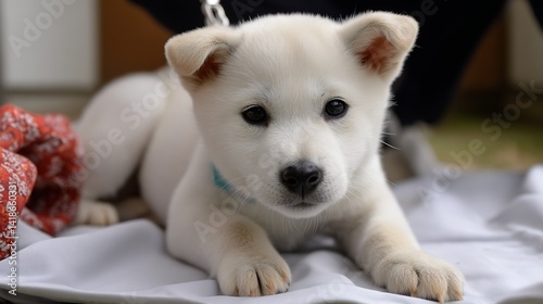 Adorable White Puppy with Fluffy Fur Resting on Soft Fabric Surface in Cozy Setting : Generative AI