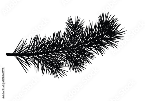 Pine branch silhouette. This image shows a detailed black silhouette of a pine branch with needle-like foliage, symbolizing nature and evergreen beauty. Vector clipart illustration design.