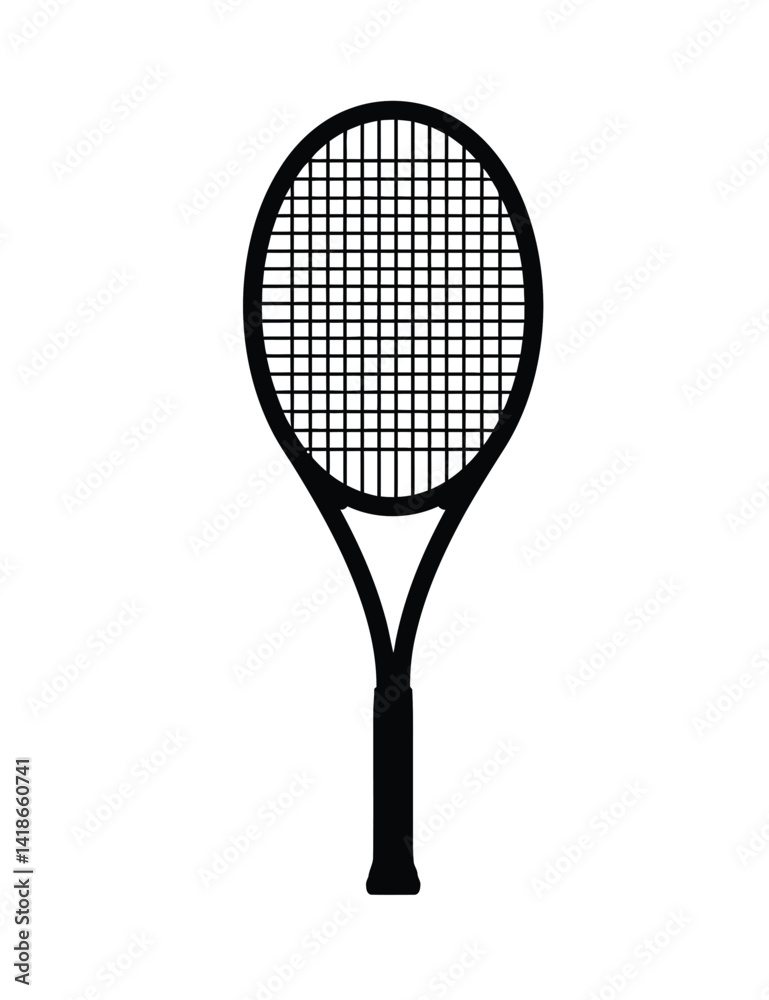 Tennis racket silhouette. This image shows a black and white vector silhouette of a tennis racket, featuring the frame, handle, and intricate mesh strings. Vector clipart illustration design. Tennis racket silhouette. This image shows a black and white vector silhouette of a tennis racket, featuring the frame, handle, and intricate mesh strings. Vector clipart illustration design.