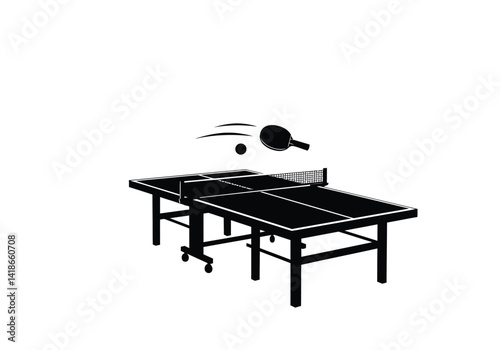Table tennis silhouette. This image displays a silhouette of a table tennis paddle, ball, and net, symbolizing the indoor sport of ping pong. Vector clipart illustration design.