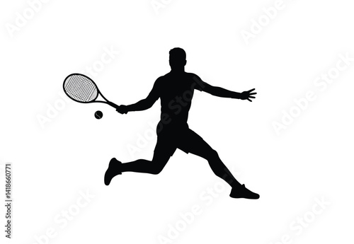 Tennis silhouette. This image shows a black silhouette of a tennis player striking a ball, emphasizing dynamic motion and athletic performance. Vector clipart illustration design.