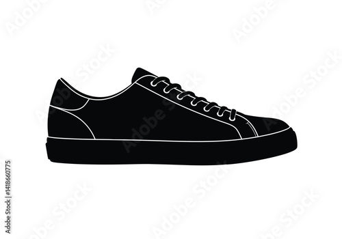 Tennis shoe silhouette. This image shows a black and white silhouette of an athletic sneaker, featuring laces and a sleek design for sports and casual wear. Vector clipart illustration design.