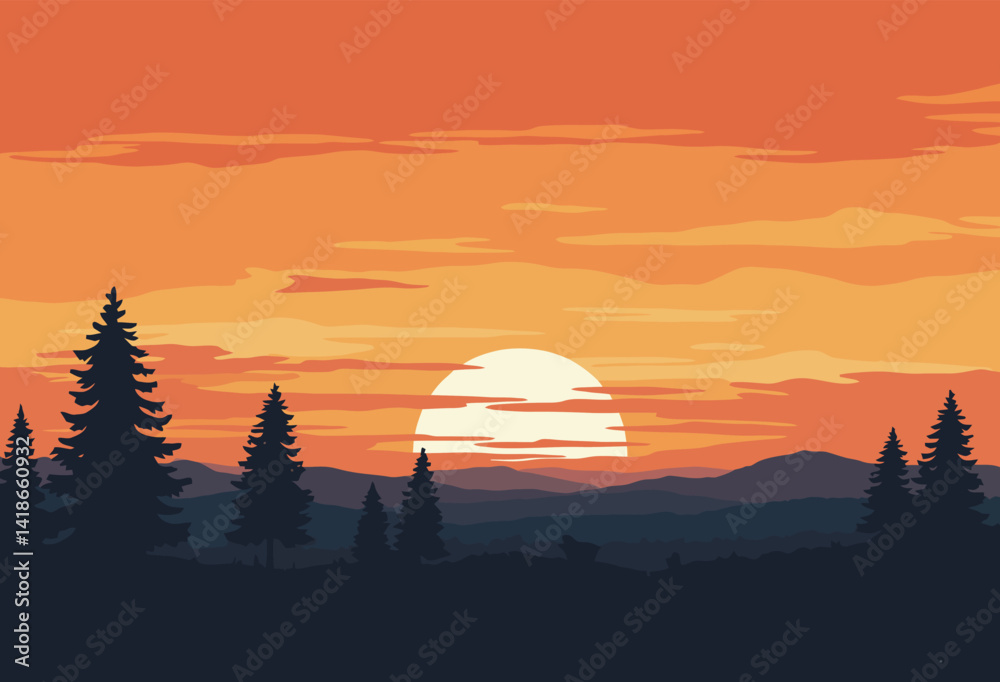 Obraz premium Painting sunset silhouette. This image depicts a serene silhouette of trees and mountains against a vivid sunset, showcasing a tranquil landscape scene. Vector clipart illustration design.
