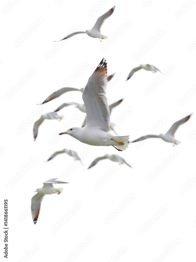Obraz premium Flock of seagull flying isolated on white background.