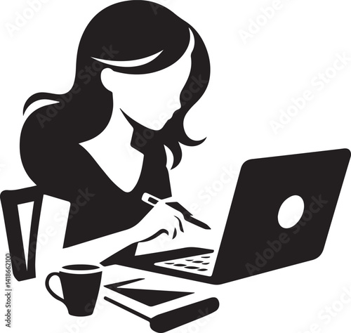 Girl working on laptop at the table with hearts Vector illustration
