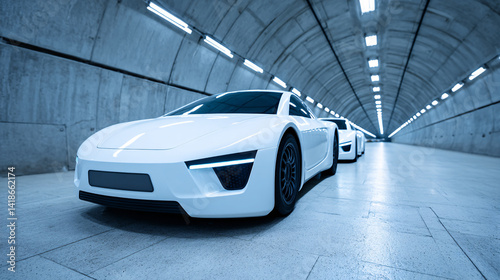 fleet of futuristic electric cars is parked sleek underground tunnel, showcasing their modern design and advanced technology. atmosphere is illuminated by bright lights, creating high tech