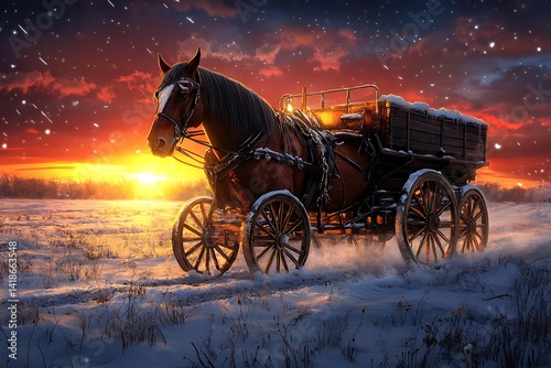 Enchanting winter scene with horse-drawn carriage under the sunset glow