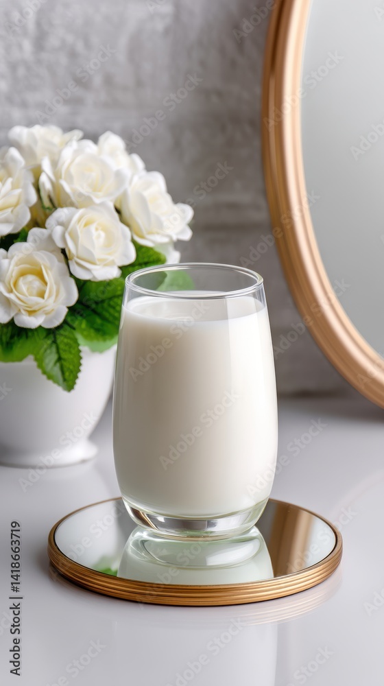Fresh Milk in a Glass on a Decorative Mirror with White Roses