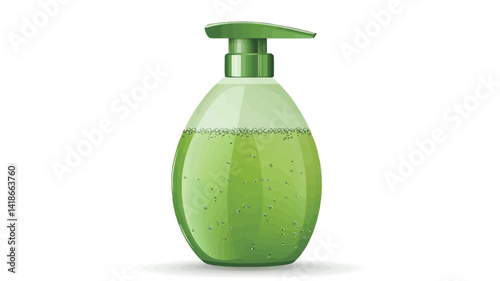 Studio shot of a translucent, oval-shaped plastic bottle containing a light green liquid soap. The bottle features a visible pump mechanism with a bright green top
