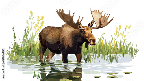 This digital painting depicts a large bull moose standing in shallow water, partially submerged in a wetland environment.  The moose is rendered in a style reminiscent of watercolor
