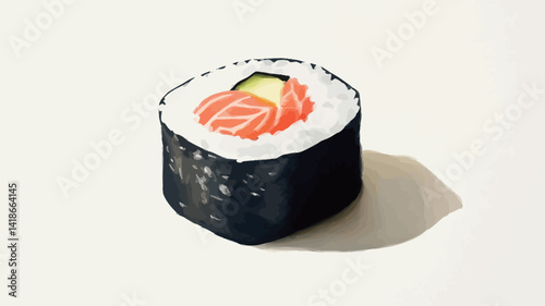 A high-angle, close-up shot depicts a single maki sushi roll against a stark white background. The roll is meticulously detailed, showcasing its components: a layer of glistening salmon