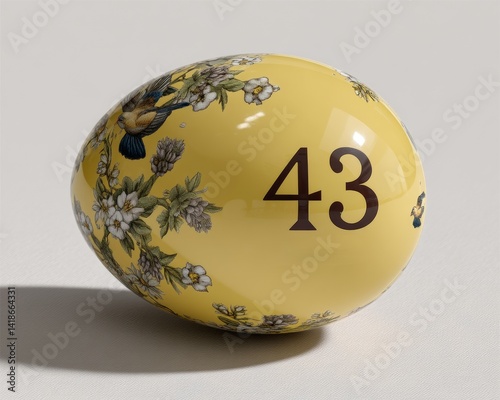 A beautifully decorated yellow egg featuring floral patterns and the number 43, showcasing artistic craftsmanship and vibrant colors.