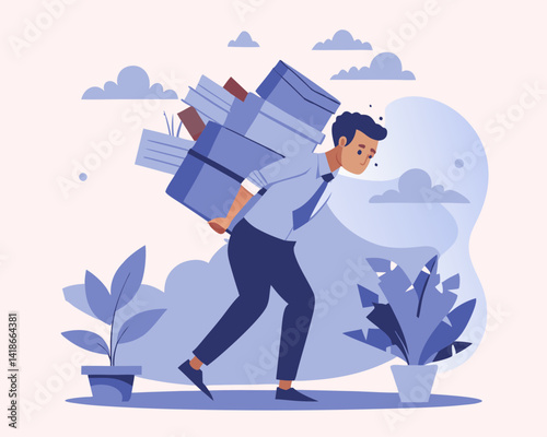 Stress burden, anxiety from work difficulty and overload, problem in economic crisis or pressure from too much responsibility concept, tired exhausted businessman carrying heavy messy line on his back