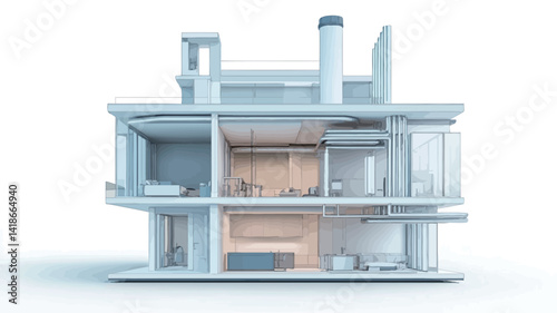 A digitally rendered 3D model of a contemporary house presented as a cutaway view, revealing the interior layout.  The model utilizes a predominantly white palette