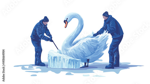 A digital illustration depicts two individuals in dark blue outerwear carefully freeing a large white swan from a block of ice. The ice is rendered with a translucent