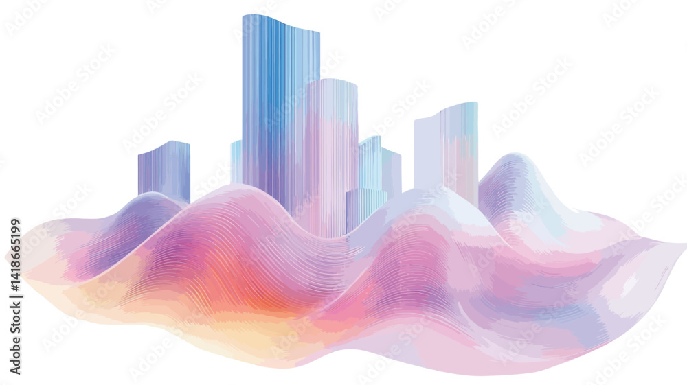 The image presents a stylized, abstract representation of a cityscape nestled atop a bed of pastel-colored, flowing waves. The image presents a stylized, abstract representation of a cityscape nestled atop a bed of pastel-colored, flowing waves.